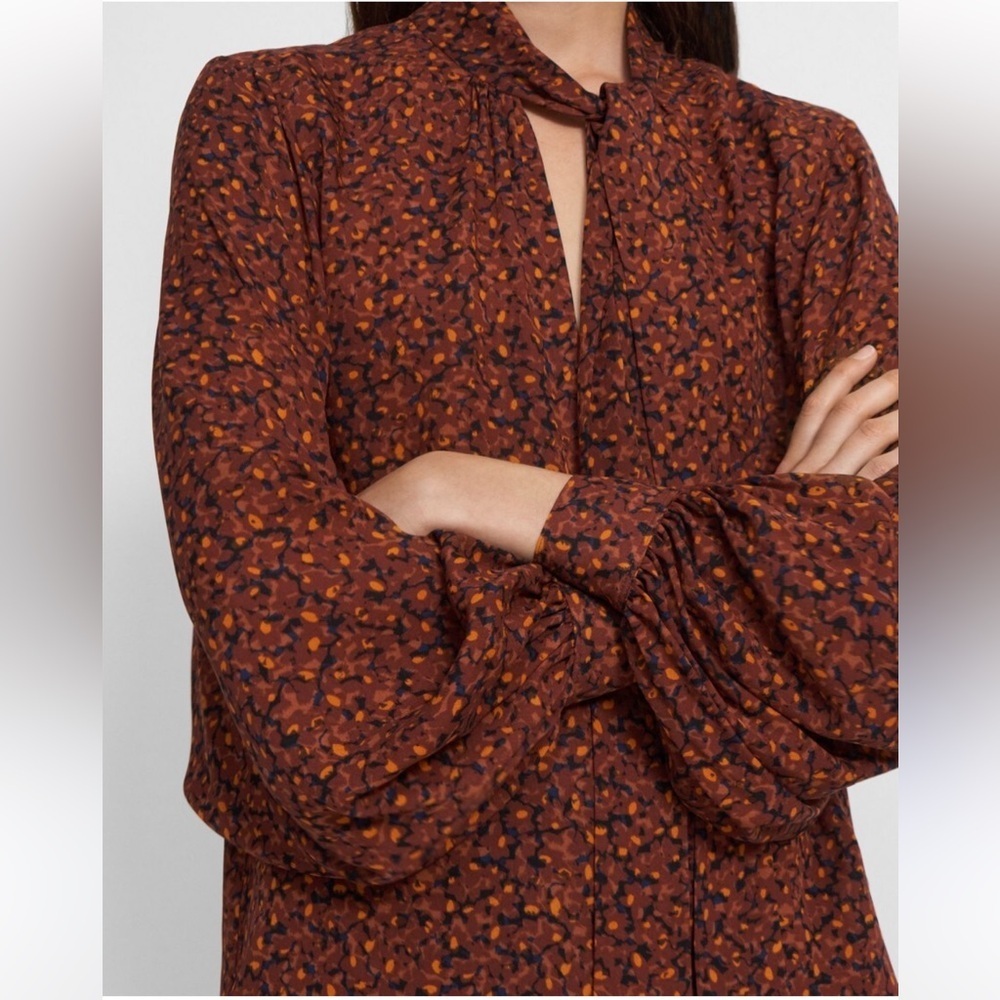 Theory Blouson Sleeve Floral Silk‎ Crepe Neck Tie Blouse
